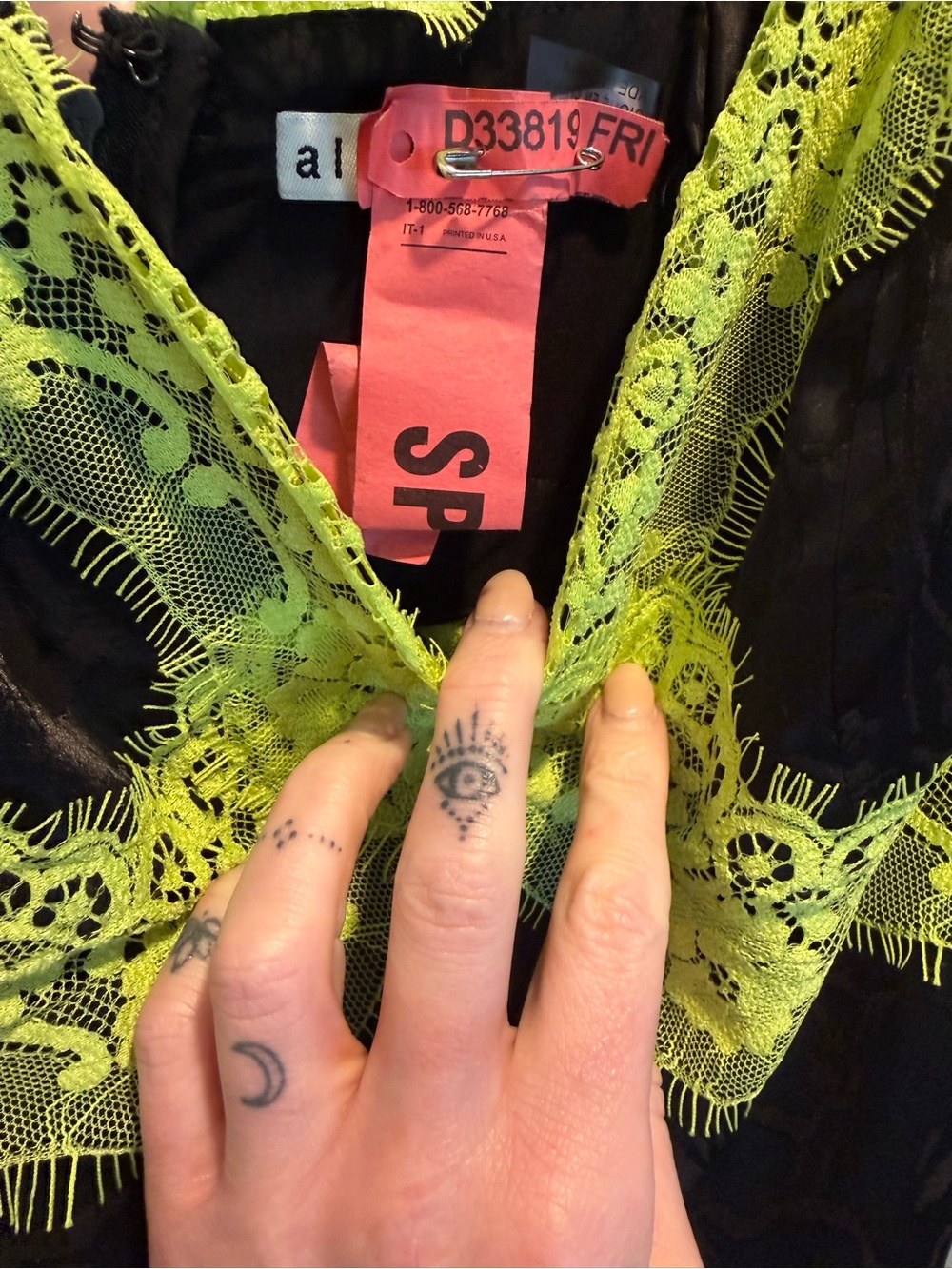 Alice + Olivia Zaira Lace Trim Mini Dress – Black / Lime Punch - Picture 8 of 8